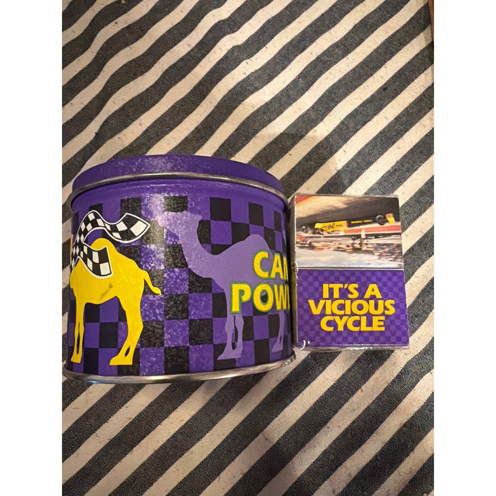 Vintage Joe Camel Power Racing Tin and Matchbox Set It's A Vicious Cycle Purple